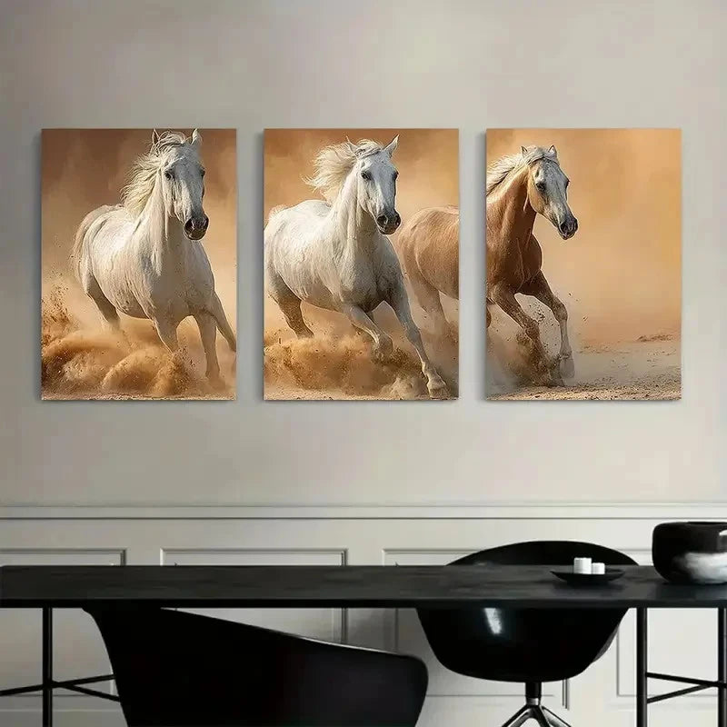 3pcs Three White Horses and One Brown Galloping Metal Print Ready to Hang Art