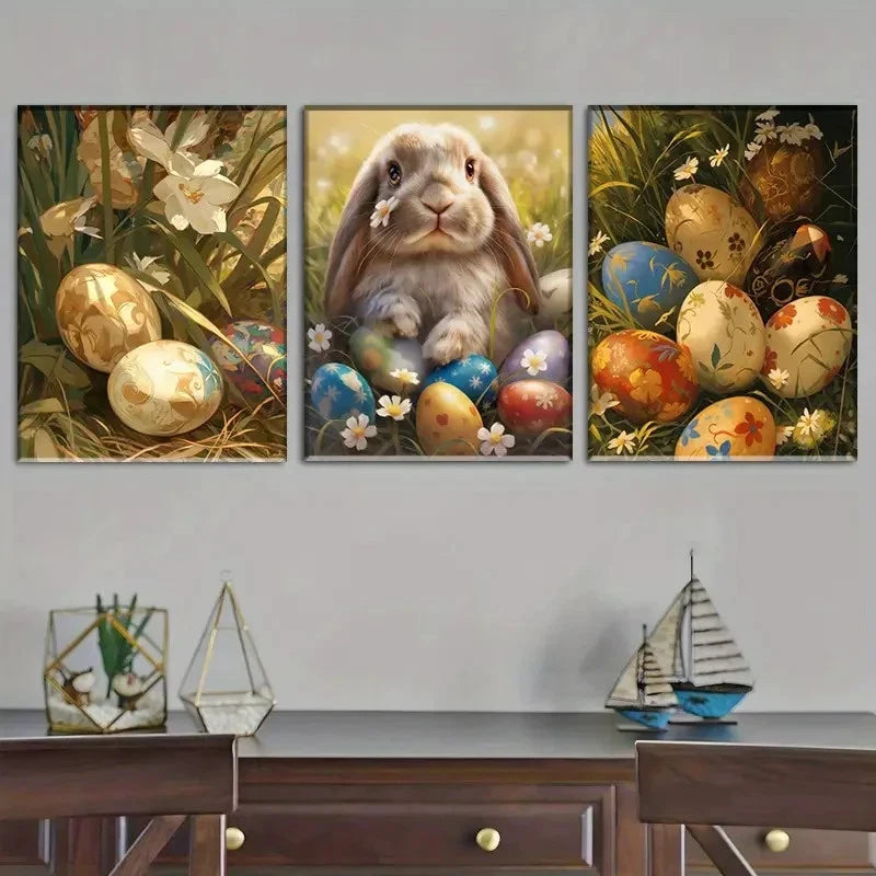 3pcs Easter Bunny and Egg Wall Art Set Metal Print Ready to Hang Art