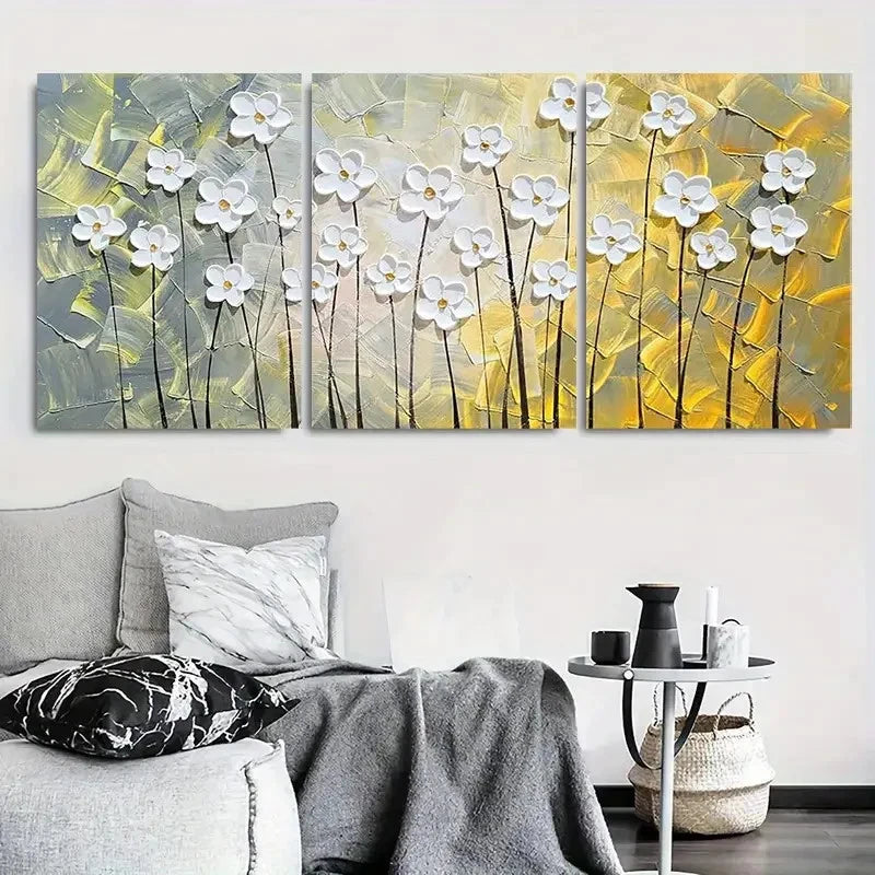 3pcs White Flowers on Yellow & Green Metal Print Ready to Hang Art