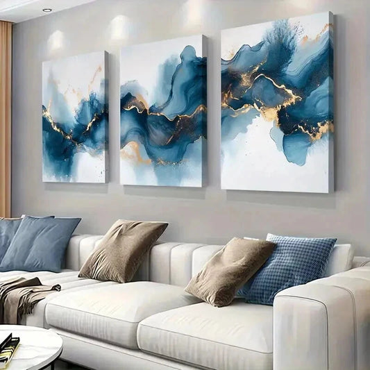 3pcs Blue And Golden Abstract Fluid Wall Art Set Canvas Framed 40x60cm - High Quality Print 100% Australian Made Wall Canvas Ready to Hang