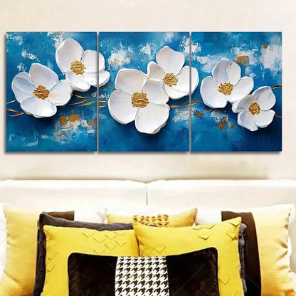 3pcs White Flowers on a Blue Background Wall Art Set Canvas Framed 40x60cm - High Quality Print 100% Australian Made Wall Canvas Ready to Hang