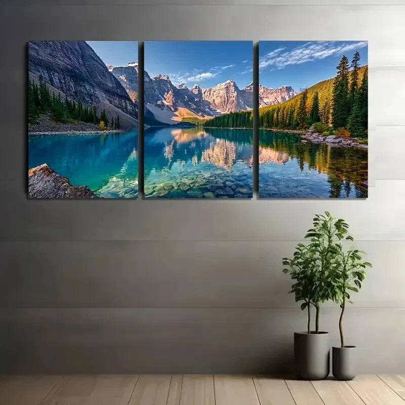 3pcs Moraine Lake Panorama Wall Painting Metal Print Ready to Hang Art