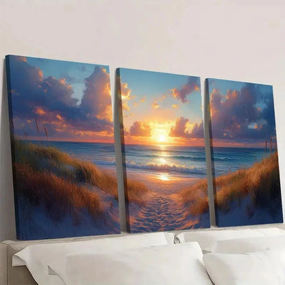 3pcs Lateral Beach Sunset Modern Landscape D Wall Art Set Canvas Framed 40x60cm - High Quality Print 100% Australian Made Wall Canvas Ready to Hang