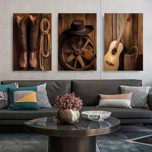 3pcs Cowboy Hat & Boots Wall Art Set Canvas Unframed - High Quality Print 100% Australian Made Wall Canvas