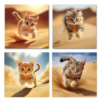 4pcs Kitties running on a Desert Wall Art Canvas Framed