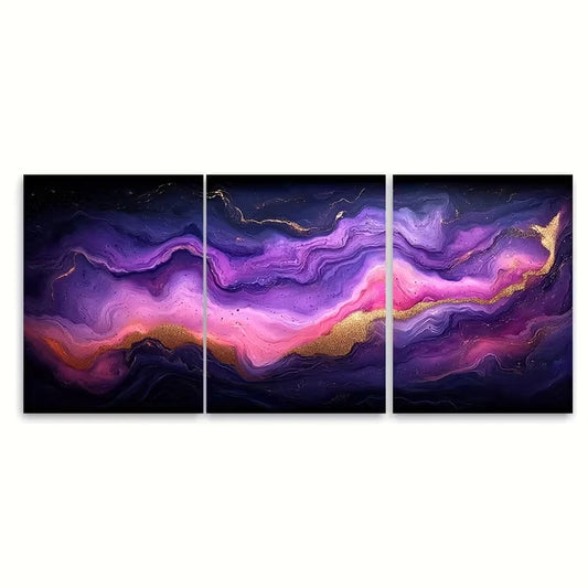 3pcs Purple, Pink and Golden Abstract Metal Print Ready to Hang Art