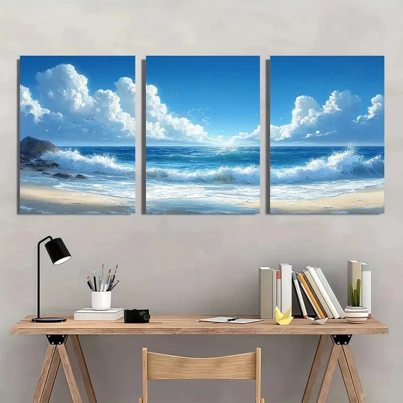 3pcs Vintage Beach Ocean Scene Blue Sky & Waves Metal Print Ready to Hang Art