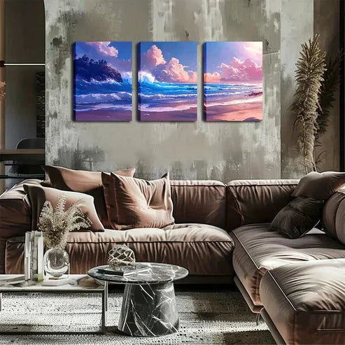 3pcs Featuring Waves And Rocks Wall Art Set Canvas Framed 60x90cm - High Quality Print 100% Australian Made Wall Canvas Ready to Hang