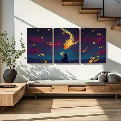 3pcs Fantasy Koi Fish And Black Cat Vintage Wall Art Set Canvas Framed 40x60cm - High Quality Print 100% Australian Made Wall Canvas Ready to Hang