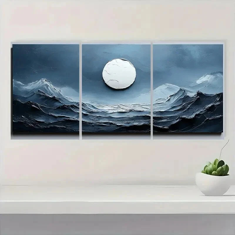 3pcs Blue & White Textured Minimalist Abstract Metal Print Ready to Hang Art