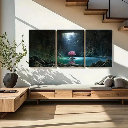 3pcs Mystical Cave with Glowing Tree & Lake Wall Art Set Canvas Framed 40x60cm - High Quality Print 100% Australian Made Wall Canvas Ready to Hang