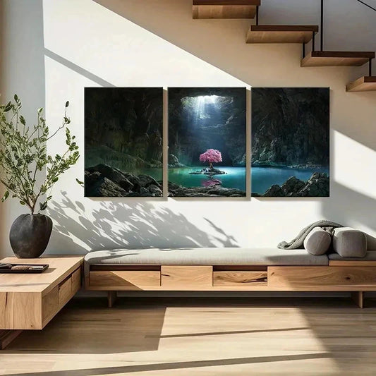 3pcs Mystical Cave with Glowing Tree & Lake Wall Art Set Canvas Framed 40x60cm - High Quality Print 100% Australian Made Wall Canvas Ready to Hang