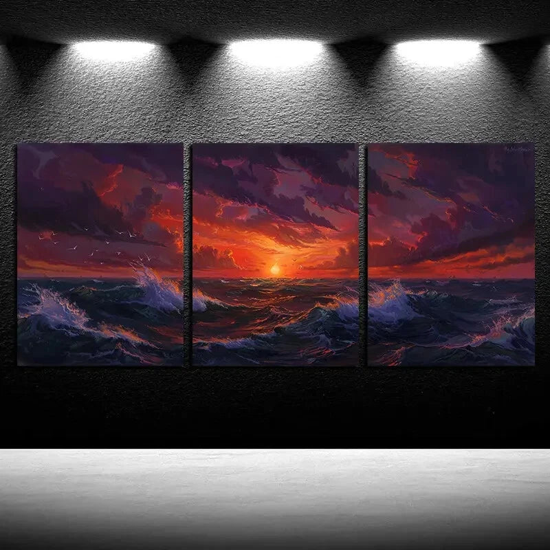 3pcs Ocean with Sunset Illustration Metal Print Ready to Hang Art