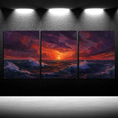 3pcs Ocean with Sunset Illustration Metal Print Ready to Hang Art