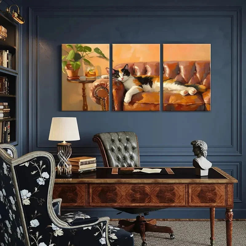 3pcs Artistic Cat On Sofa Warm Tones Cozy Metal Print Ready to Hang Art
