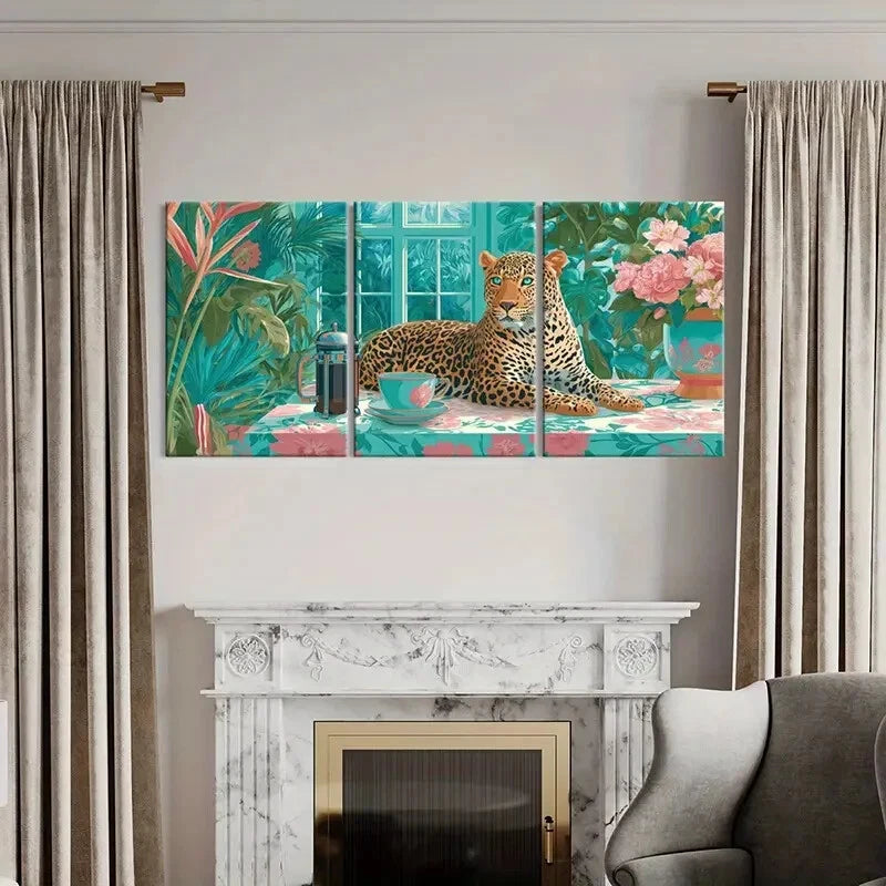 3pcs Exquisite Leopard with Tropical Plants & Tea Metal Print Ready to Hang Art