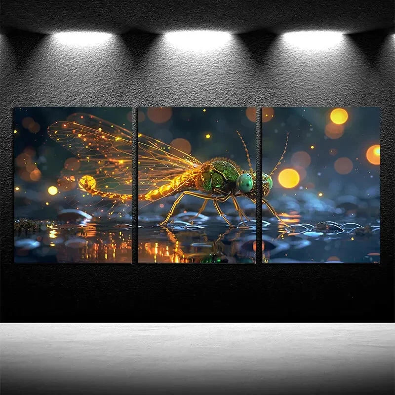 3pcs Vibrant Firefly Moonlight Design Metal Print Ready to Hang Art