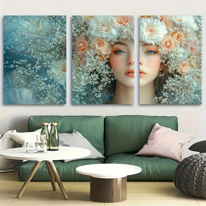 3pcs Dreamy Floral Woman with Flowers in Hair Metal Print Ready to Hang Art