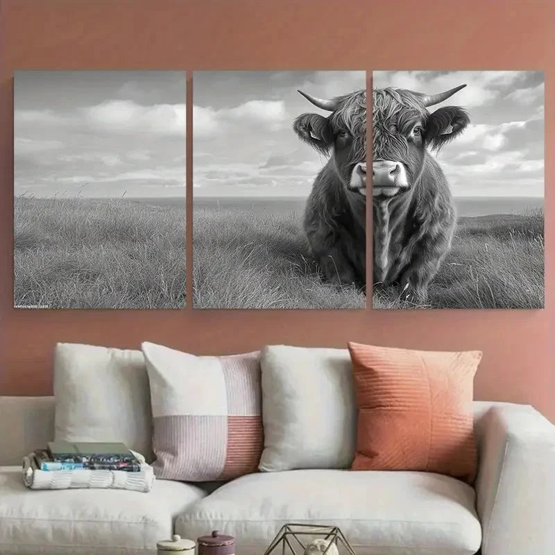 3pcs Black & White Rustic Scottish Highland Bull Wall Art Set Canvas Framed 40x60cm - High Quality Print 100% Australian Made Wall Canvas Ready to Hang