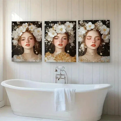 3pcs Woman in Floral Headpiece Dreamy Perfect Wall Art Set Canvas Unframed - High Quality Print 100% Australian Made Wall Canvas