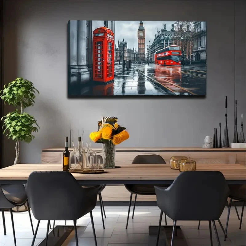 Vibrant Red Street Scene Wall Art Canvas Office Home Room Framed 120x60cm