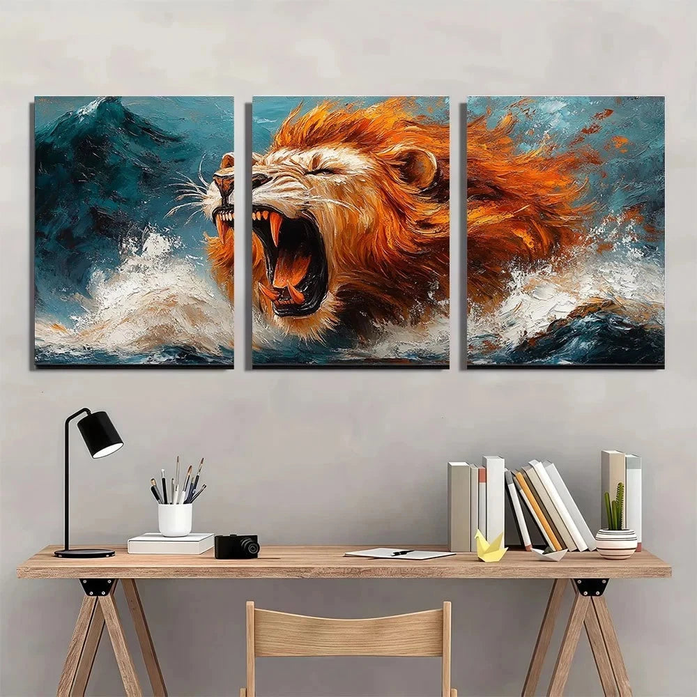 3pcs Roaring Lion Modern Abstract Painting Metal Print Ready to Hang Art