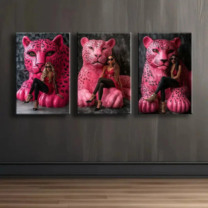 3pcs The Pink Panther And Lady Scene Wall Art Set Canvas Framed 60x90cm - High Quality Print 100% Australian Made Wall Canvas Ready to Hang
