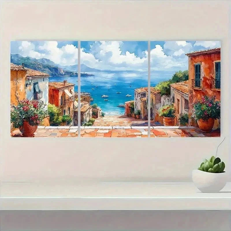 3pcs Street Scene Watercolor Coastal Perfect Wall Art Set Canvas Framed 40x60cm - High Quality Print 100% Australian Made Wall Canvas Ready to Hang