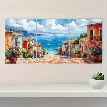 3pcs Street Scene Watercolor Coastal Perfect Wall Art Set Canvas Framed 40x60cm - High Quality Print 100% Australian Made Wall Canvas Ready to Hang