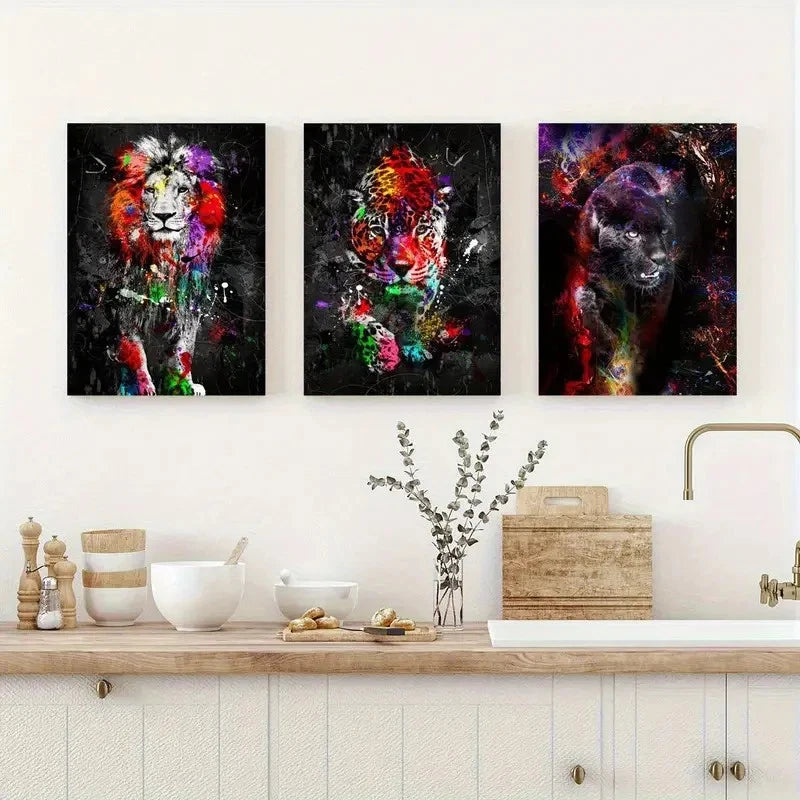 3pcs Graffiti Tiger and Lion Paintings Metal Print Ready to Hang Art