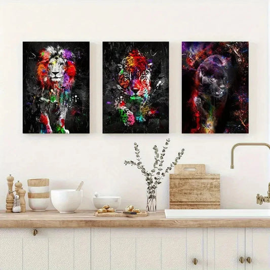 3pcs Graffiti Tiger and Lion Paintings Metal Print Ready to Hang Art