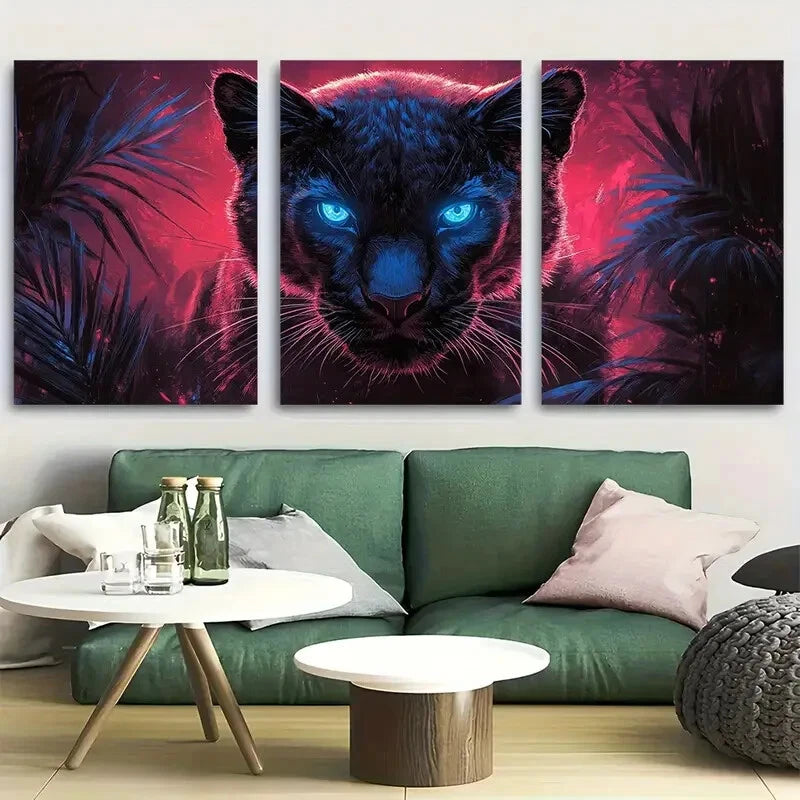 3pcs Black panther on the hunt in the jungle Metal Print Ready to Hang Art