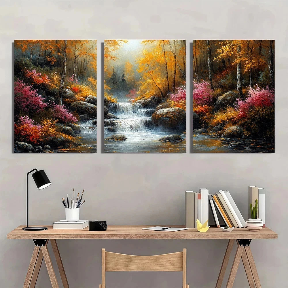 3pcs Autumn Forest Waterfall & Misty Mountains Wall Art Set Canvas Framed 50x70cm - High Quality Print 100% Australian Made Wall Canvas Ready to Hang