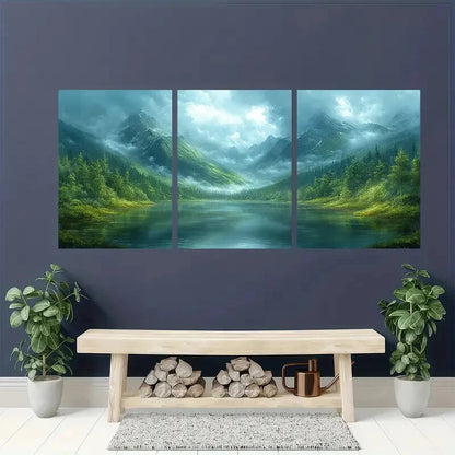 3pcs Rich Mossy Green Hues Ethereal Foggy Mist Metal Print Ready to Hang Art