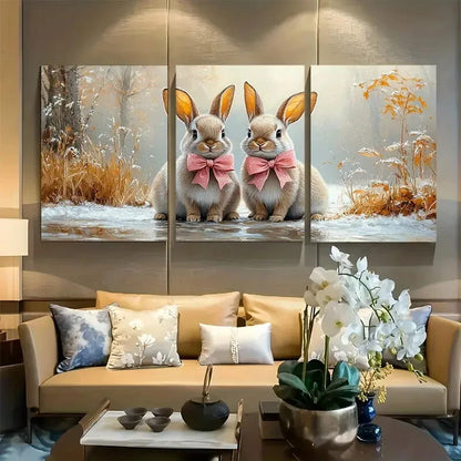 3pcs Adorable Bunny Cute Rabbits with Pink Bows Metal Print Ready to Hang Art