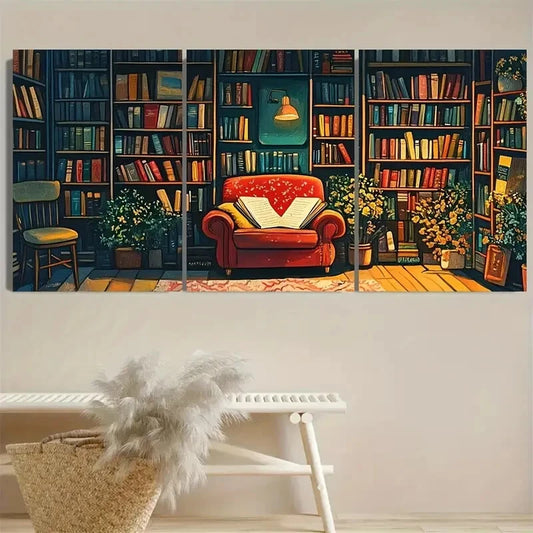 3pcs Cosy Bookshelf Book Home Office Bookworm Metal Print Ready to Hang Art