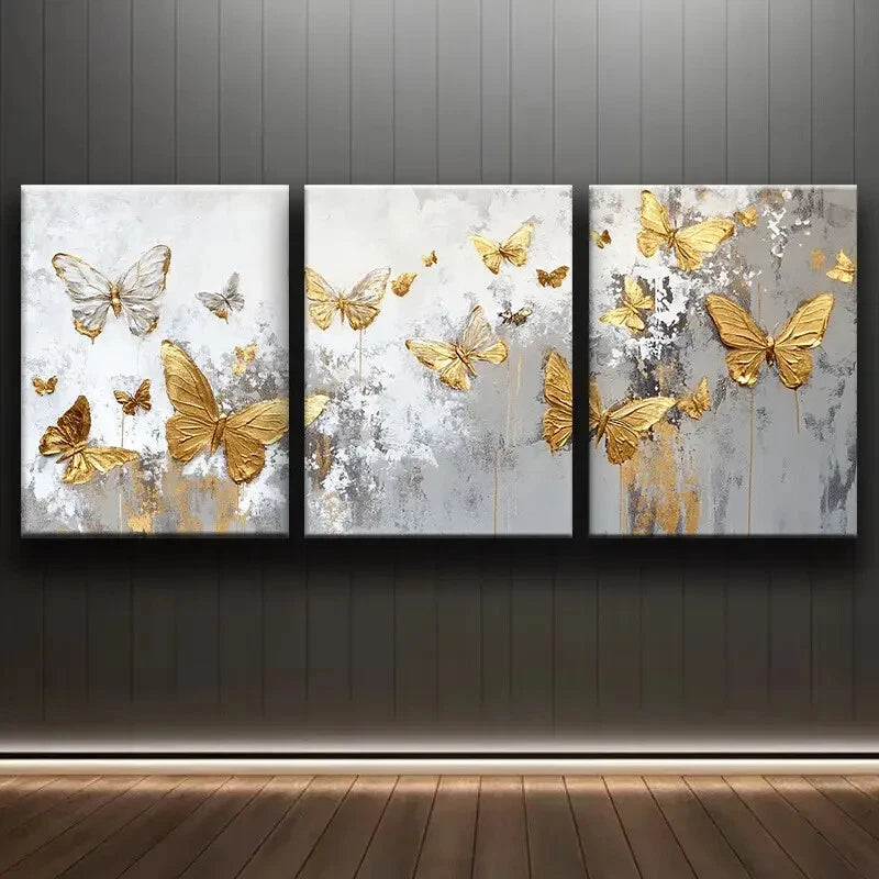 3pcs Golden Butterflies Luxurious Fabric Metal Print Ready to Hang Art