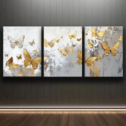 3pcs Golden Butterflies Luxurious Fabric Metal Print Ready to Hang Art