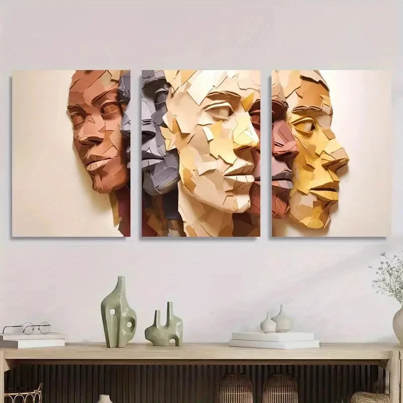 3pcs Abstract Geometric Faces Wall Art Set Canvas Framed 40x60cm - High Quality Print 100% Australian Made Wall Canvas Ready to Hang