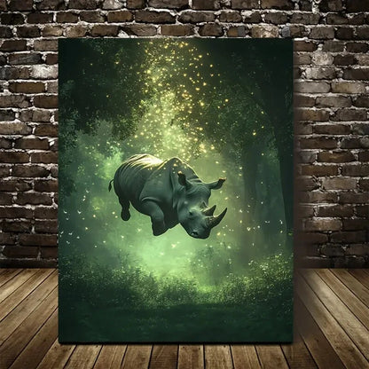 Scene of Rhino Swinging from Trees in Lush Painting 40x60cm Metal Print Ready to Hang