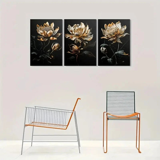 3pcs Golden Lotus Flower Petals & Leaves Metal Print Ready to Hang Art