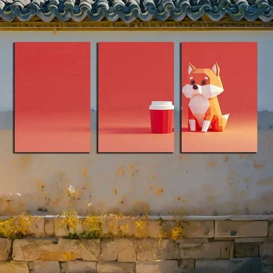 3pcs Modern Geometric Dog & Cup Illustration Metal Print Ready to Hang Art