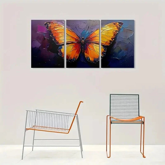 3pcs Vibrant Orange Black & Purple Butterfly Metal Print Ready to Hang Art