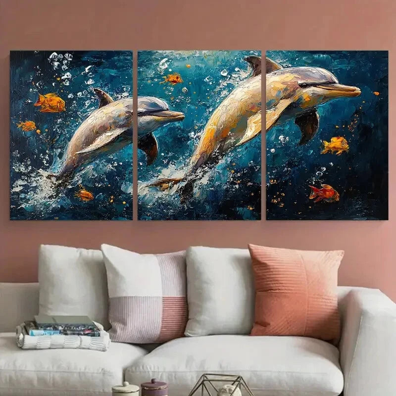 3pcs Dolphin Sea Animals Underwater Illustration Metal Print Ready to Hang Art