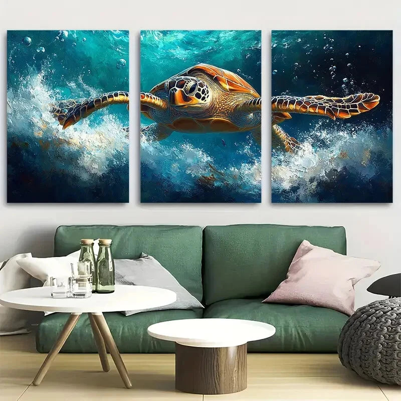 3pcs Serene Sea Turtle Marine Wildlife Design Metal Print Ready to Hang Art