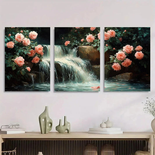 3pcs Serene Waterfall & Pink Roses Metal Print Ready to Hang Art