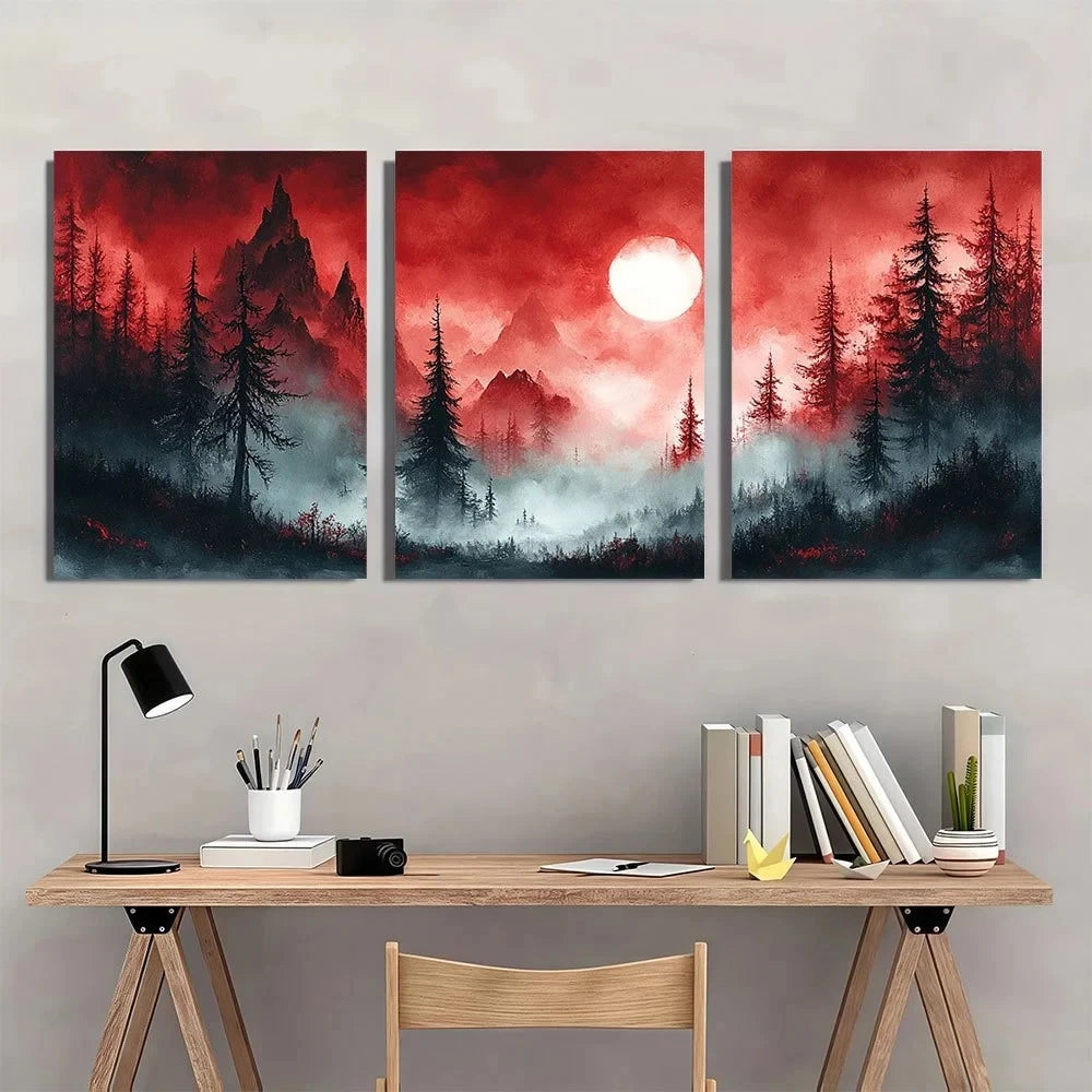 Three-panel wall art depicting a forest scene with a red sky above a desk with books and a lamp.