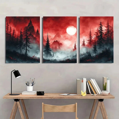 Three-panel wall art depicting a forest scene with a red sky above a desk with books and a lamp.