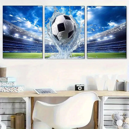 3pcs Stadium Soccer Splash Dynamic Sports Metal Print Ready to Hang Art