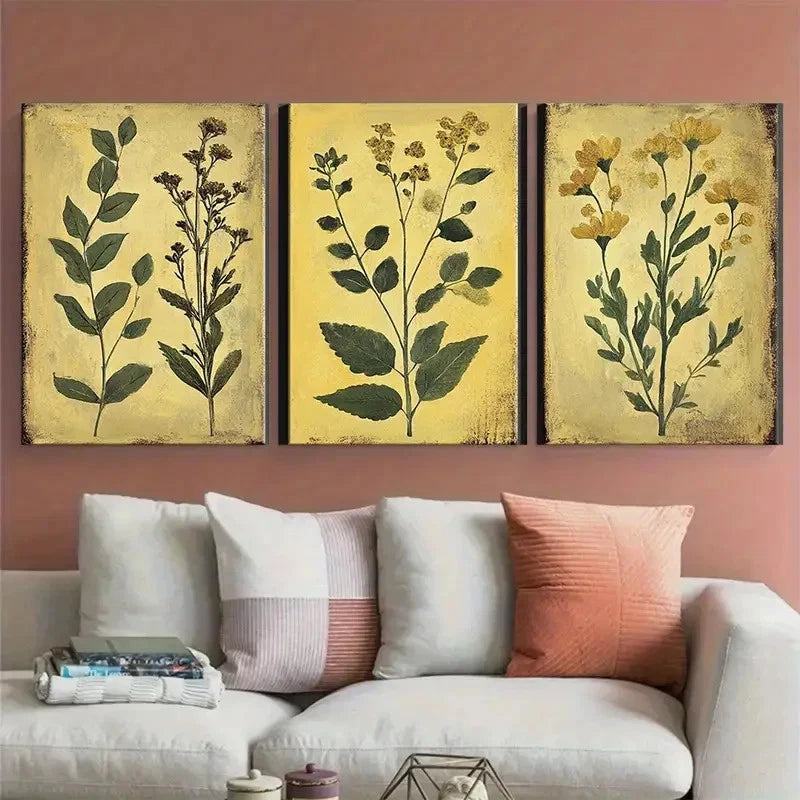 3pcs Les fleurs Abstract Vintage Botanical Wall Art Set Canvas Framed 50x70cm - High Quality Print 100% Australian Made Wall Canvas Ready to Hang